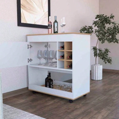 Texas Bar Cart, One Cabinet, Six Bottle Cubbies, One Lower Panel, Four Casters