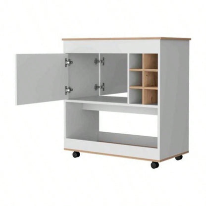 Texas Bar Cart, One Cabinet, Six Bottle Cubbies, One Lower Panel, Four Casters