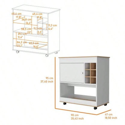 Texas Bar Cart, One Cabinet, Six Bottle Cubbies, One Lower Panel, Four Casters