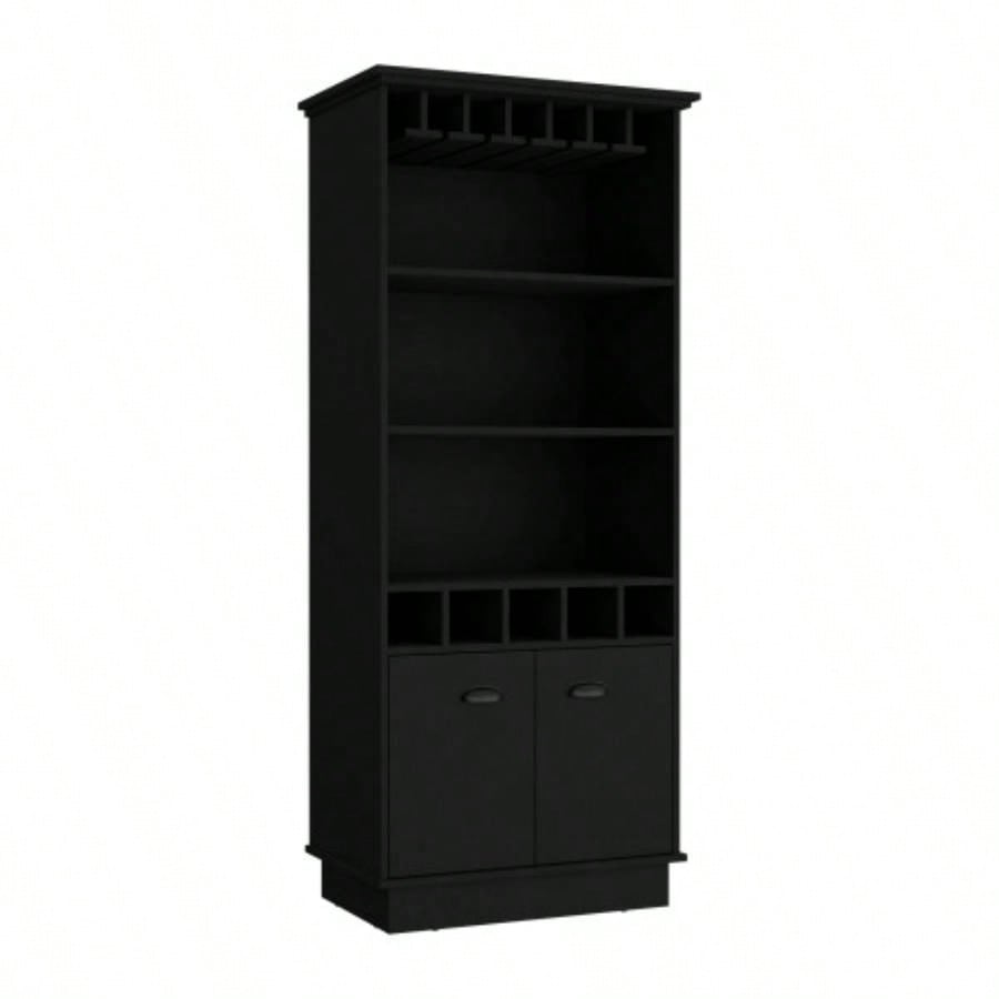 Bar Cabinet 70H with Wine Rack, Upper Glass Cabinet, three Open Storage Shelves and One Cabinet, Black