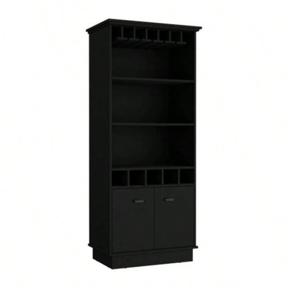 Bar Cabinet 70H with Wine Rack, Upper Glass Cabinet, three Open Storage Shelves and One Cabinet, Black