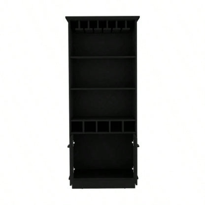 Bar Cabinet 70H with Wine Rack, Upper Glass Cabinet, three Open Storage Shelves and One Cabinet, Black