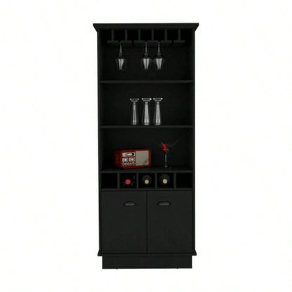 Bar Cabinet 70H with Wine Rack, Upper Glass Cabinet, three Open Storage Shelves and One Cabinet, Black