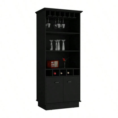 Bar Cabinet 70H with Wine Rack, Upper Glass Cabinet, three Open Storage Shelves and One Cabinet, Black