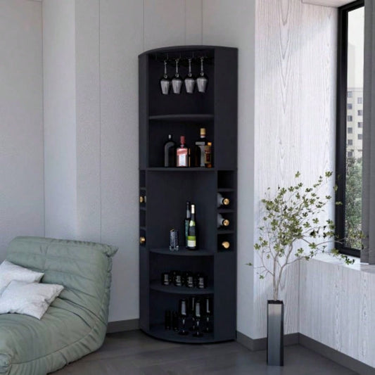 FM FURNITURE Clifton Corner Bar Cabinet, with 5 shelves, Cup Hanger and Eight Built - in Wine Rack, Black