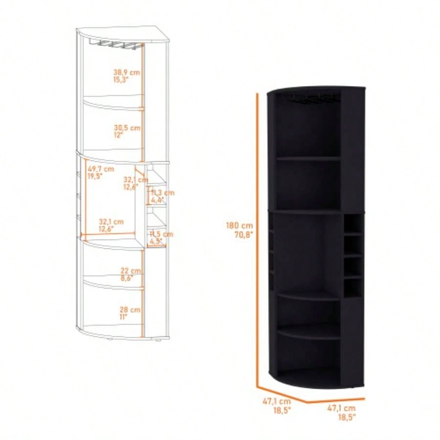 FM FURNITURE Clifton Corner Bar Cabinet, with 5 shelves, Cup Hanger and Eight Built - in Wine Rack, Black