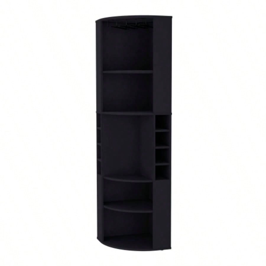 FM FURNITURE Clifton Corner Bar Cabinet, with 5 shelves, Cup Hanger and Eight Built - in Wine Rack, Black