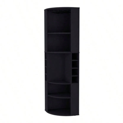 FM FURNITURE Clifton Corner Bar Cabinet, with 5 shelves, Cup Hanger and Eight Built - in Wine Rack, Black