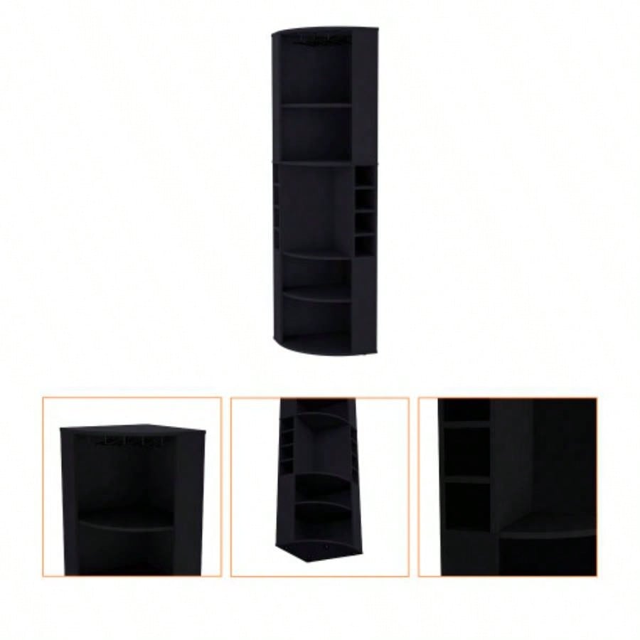 FM FURNITURE Clifton Corner Bar Cabinet, with 5 shelves, Cup Hanger and Eight Built - in Wine Rack, Black