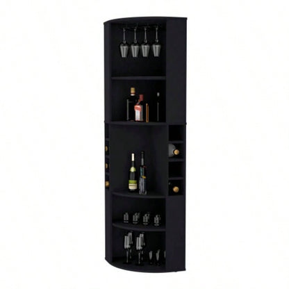 FM FURNITURE Clifton Corner Bar Cabinet, with 5 shelves, Cup Hanger and Eight Built - in Wine Rack, Black