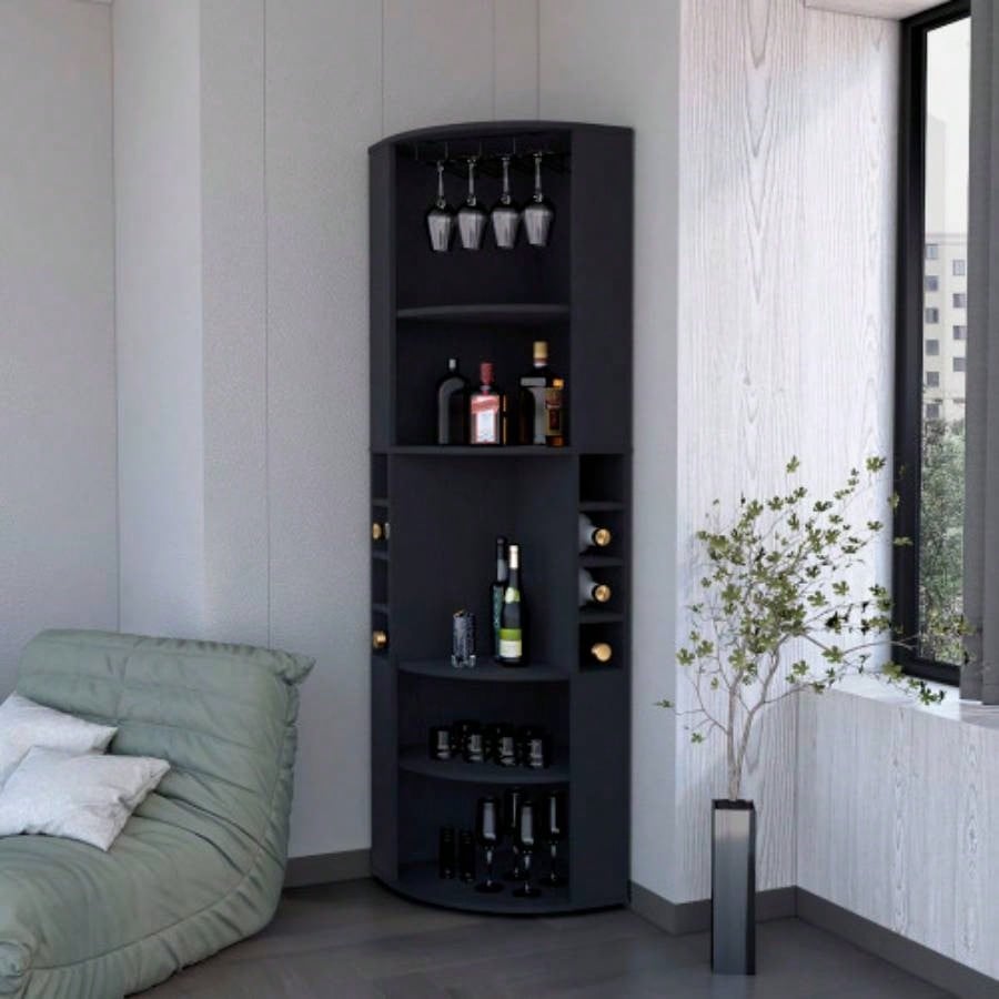 FM FURNITURE Clifton Corner Bar Cabinet, with 5 shelves, Cup Hanger and Eight Built - in Wine Rack, Black