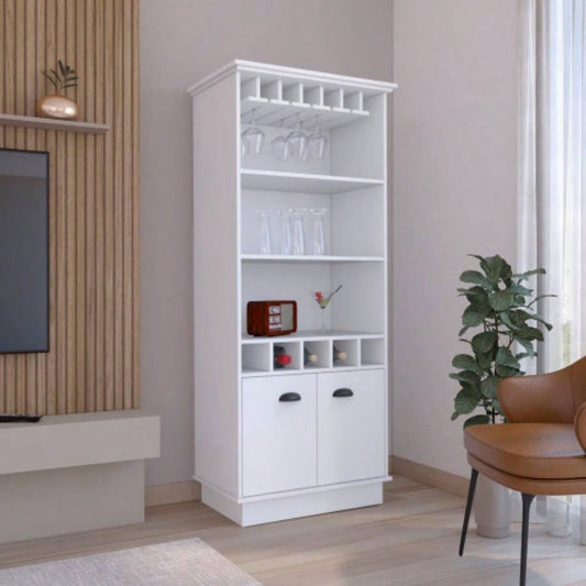70H Bar Cabinet with Wine Rack, Upper Glass Cabinet, three Open Storage Shelves and One Cabinet, White