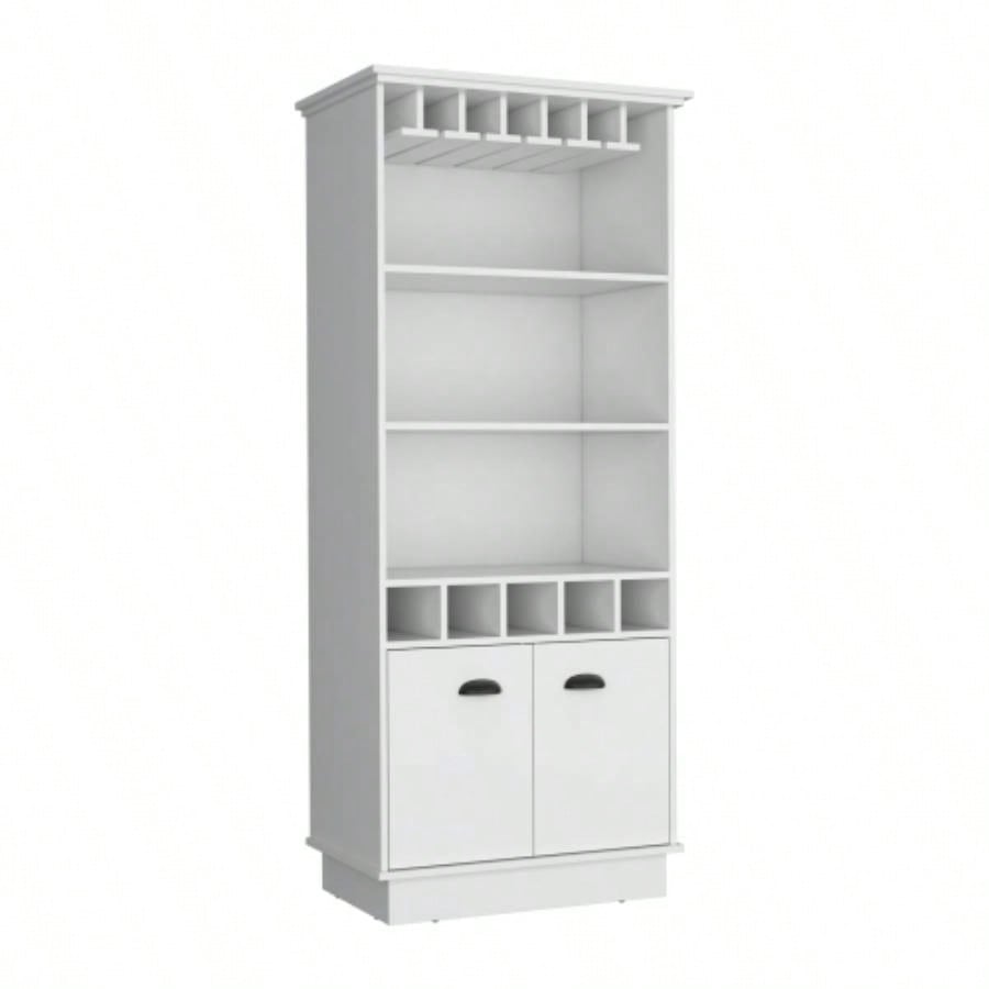70H Bar Cabinet with Wine Rack, Upper Glass Cabinet, three Open Storage Shelves and One Cabinet, White