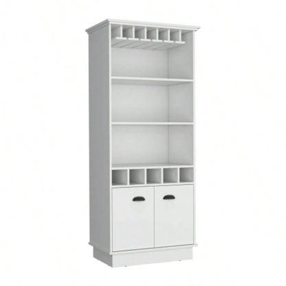 70H Bar Cabinet with Wine Rack, Upper Glass Cabinet, three Open Storage Shelves and One Cabinet, White