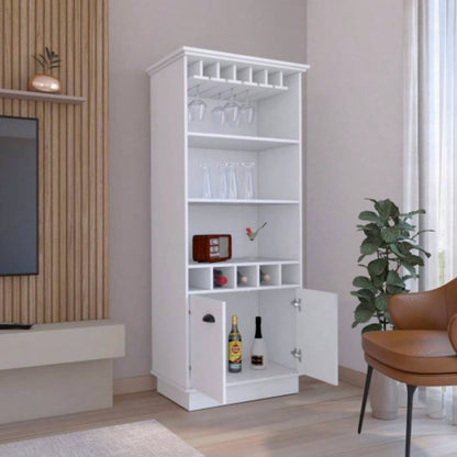 70H Bar Cabinet with Wine Rack, Upper Glass Cabinet, three Open Storage Shelves and One Cabinet, White