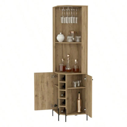 Corner Bar Cabinet, Two Shelves, Double Door Cabinet, Five Built - in Wine Rack, Four Interior Shelves