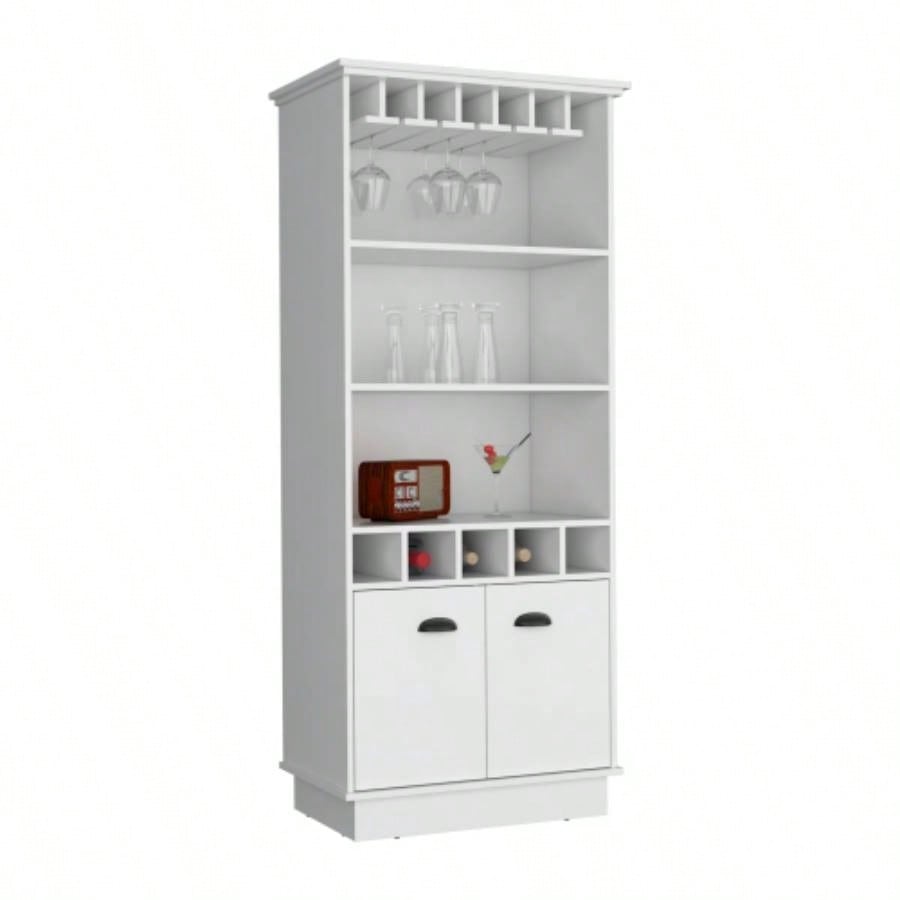 70H Bar Cabinet with Wine Rack, Upper Glass Cabinet, three Open Storage Shelves and One Cabinet, White