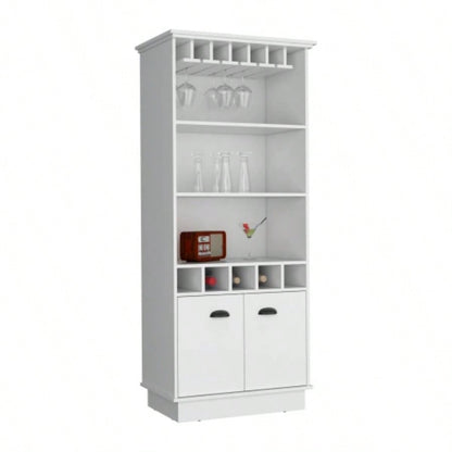70H Bar Cabinet with Wine Rack, Upper Glass Cabinet, three Open Storage Shelves and One Cabinet, White