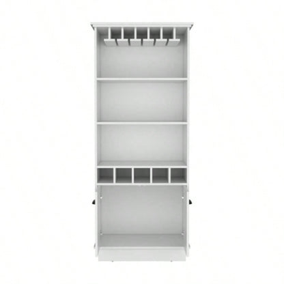 70H Bar Cabinet with Wine Rack, Upper Glass Cabinet, three Open Storage Shelves and One Cabinet, White