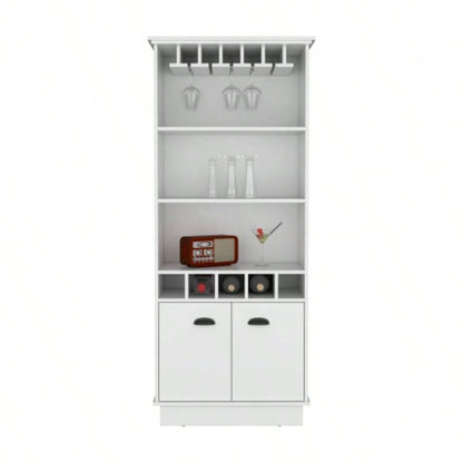 70H Bar Cabinet with Wine Rack, Upper Glass Cabinet, three Open Storage Shelves and One Cabinet, White