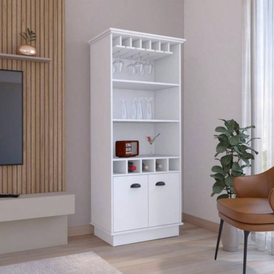 70H Bar Cabinet with Wine Rack, Upper Glass Cabinet, three Open Storage Shelves and One Cabinet, White