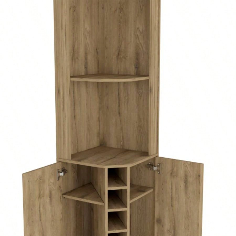 Corner Bar Cabinet, Two Shelves, Double Door Cabinet, Five Built - in Wine Rack, Four Interior Shelves