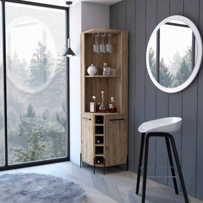 Corner Bar Cabinet, Two Shelves, Double Door Cabinet, Five Built - in Wine Rack, Four Interior Shelves