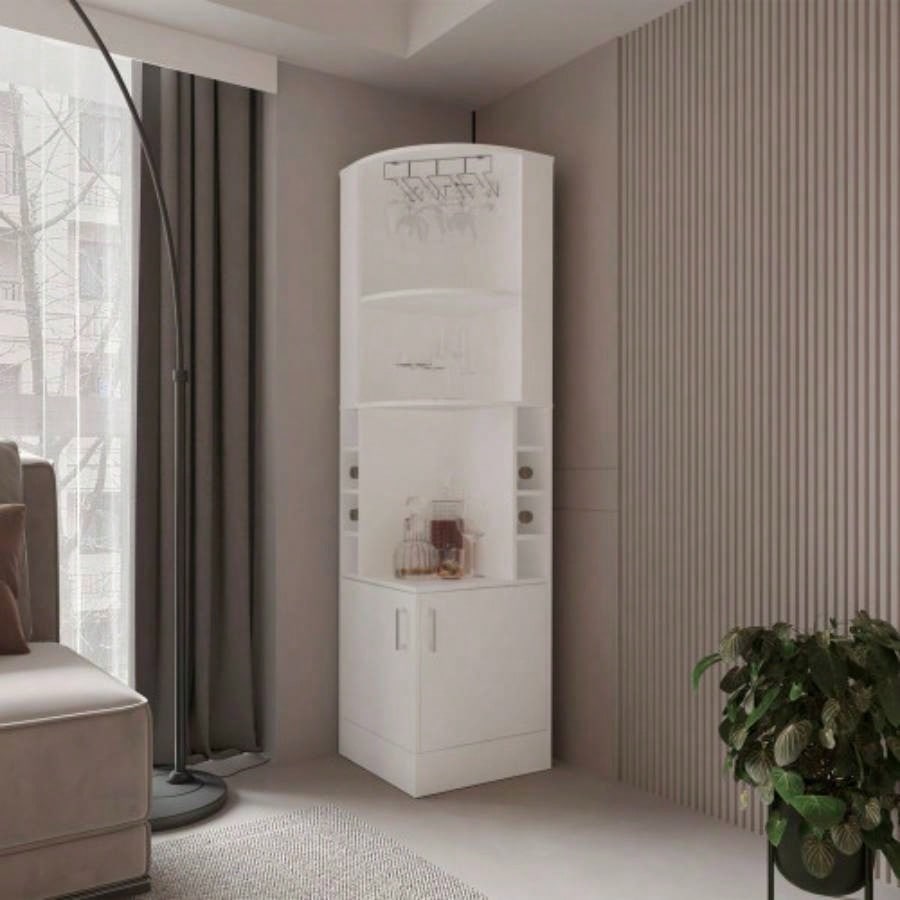 FM FURNITURE Page Corner Bar Cabinet with Wine Storage and Glass Rack. White
