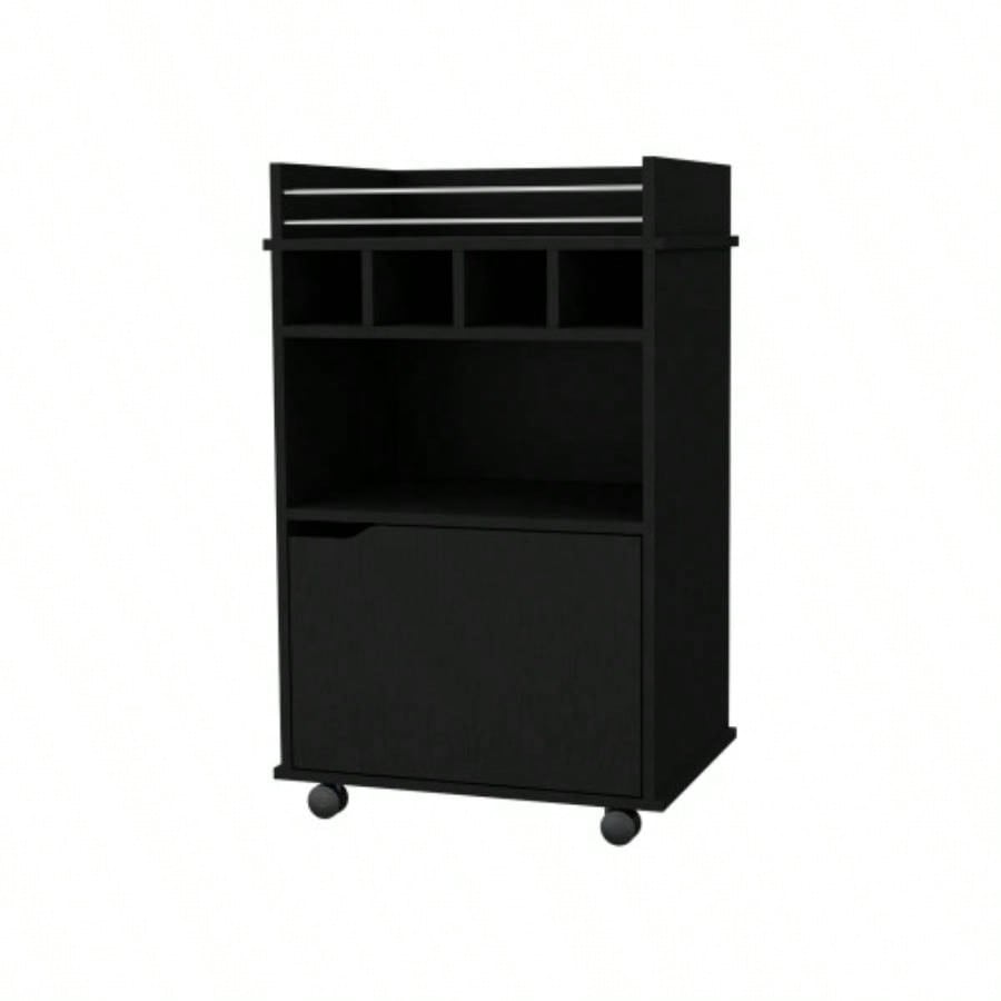 FM FURNITURE Crozier Bart Cart, with 1 shelf, 1 door and four built - in wine rack, black