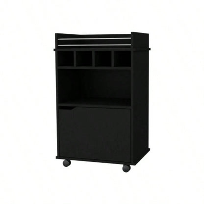 FM FURNITURE Crozier Bart Cart, with 1 shelf, 1 door and four built - in wine rack, black