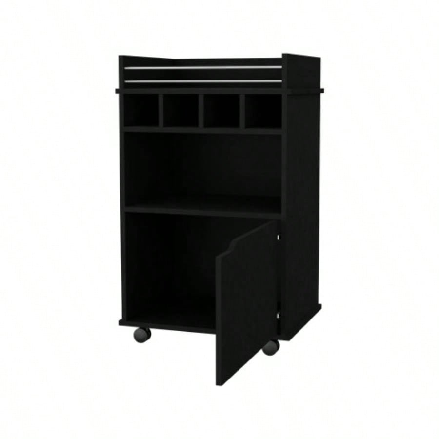 FM FURNITURE Crozier Bart Cart, with 1 shelf, 1 door and four built - in wine rack, black