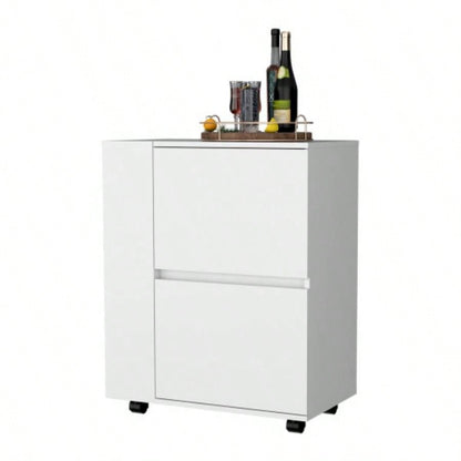 FM FURNITURE Logan Bar Cart with Two Cabinets and Open Shelves, White