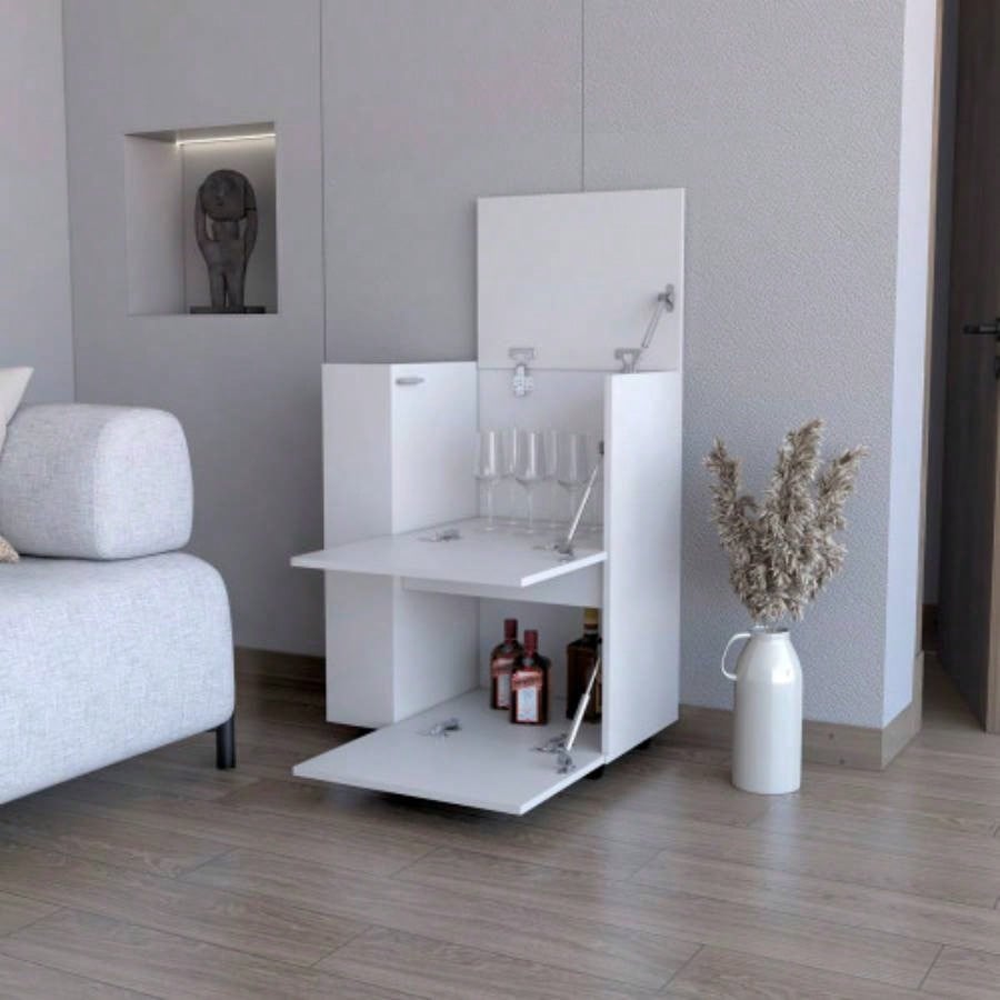 FM FURNITURE Logan Bar Cart with Two Cabinets and Open Shelves, White