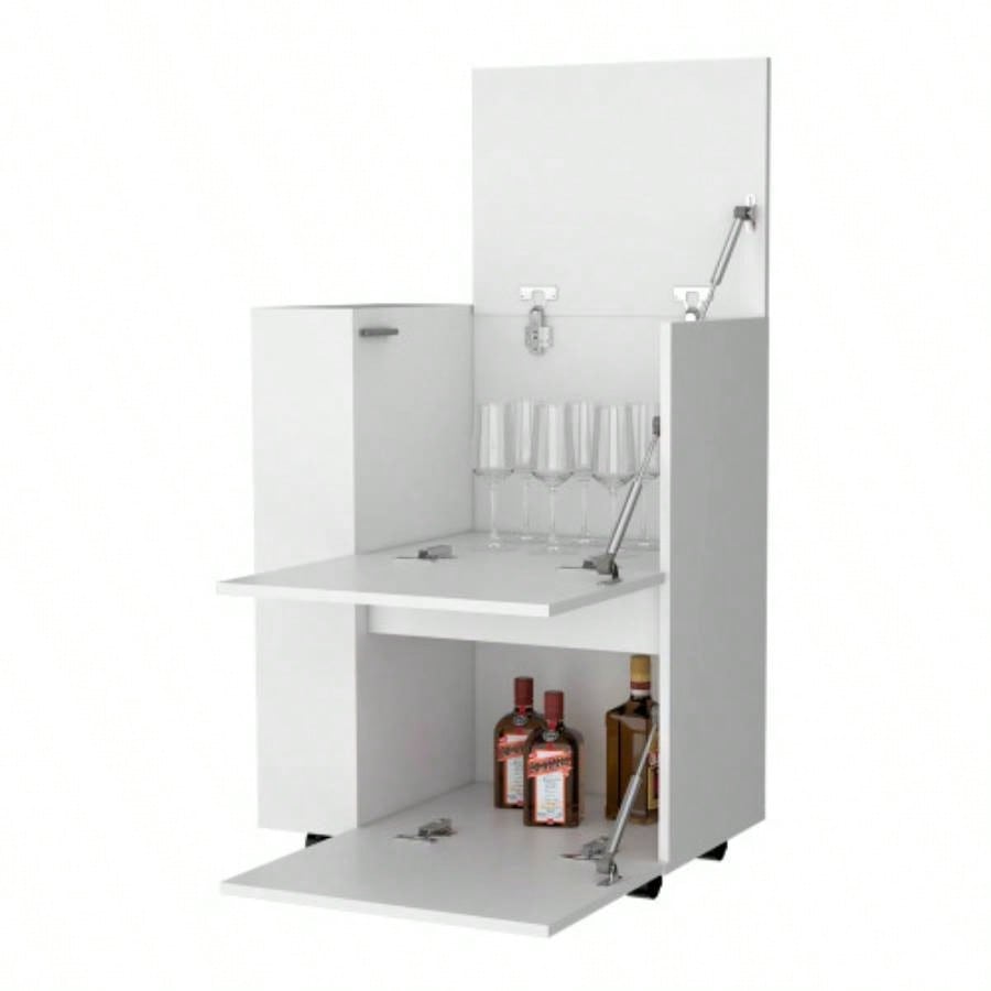 FM FURNITURE Logan Bar Cart with Two Cabinets and Open Shelves, White