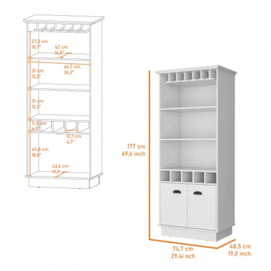 FM FURNITURE Sophia Bar Cabinet with Glassware Rack and Five Bottle Racks, White