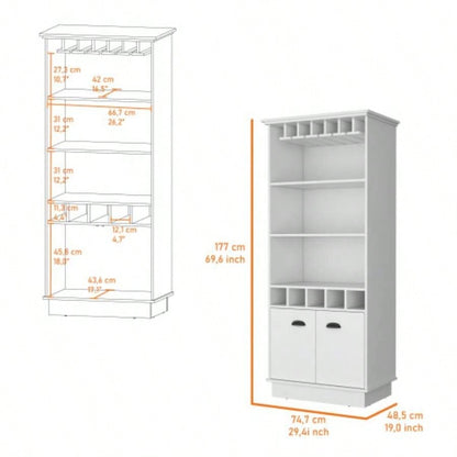FM FURNITURE Sophia Bar Cabinet with Glassware Rack and Five Bottle Racks, White