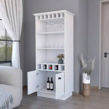 FM FURNITURE Sophia Bar Cabinet with Glassware Rack and Five Bottle Racks, White
