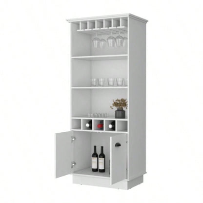 FM FURNITURE Sophia Bar Cabinet with Glassware Rack and Five Bottle Racks, White