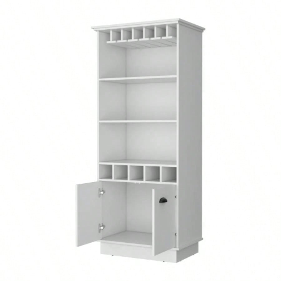 FM FURNITURE Sophia Bar Cabinet with Glassware Rack and Five Bottle Racks, White