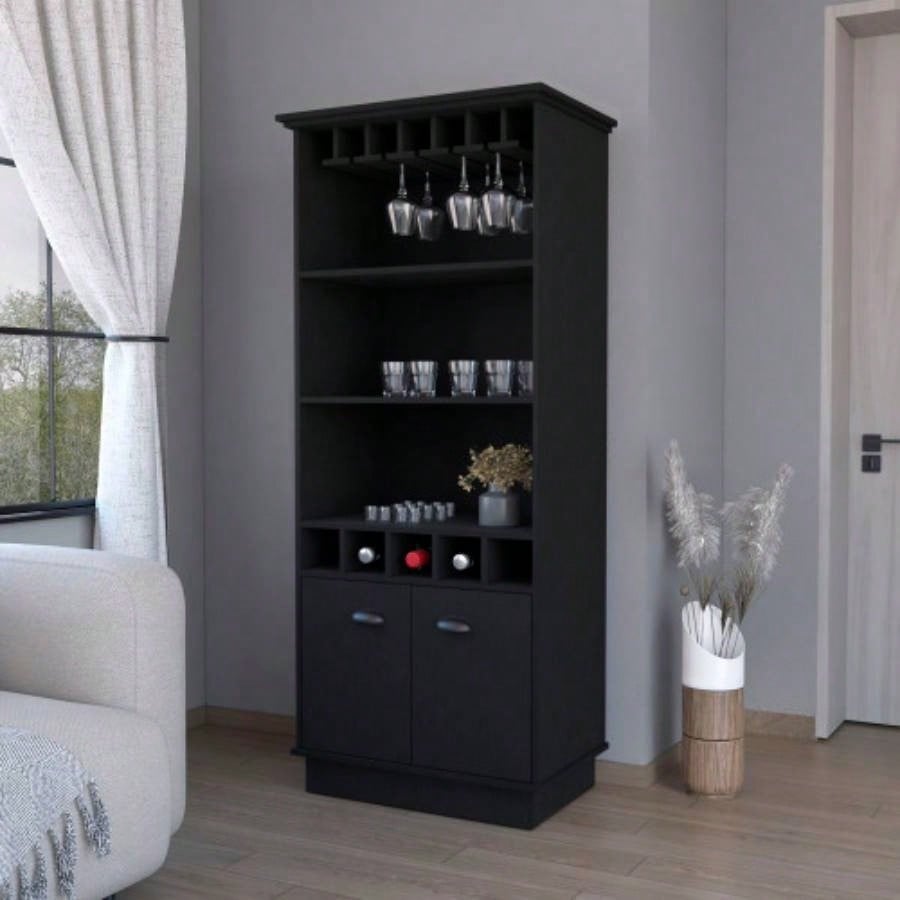 FM FURNITURE Sophia Bar Cabinet with Glassware Rack and Five Bottle Racks, White