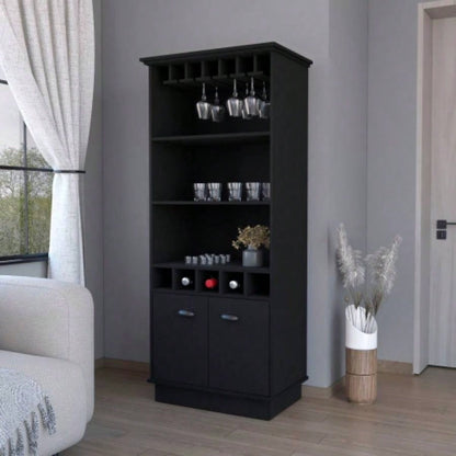 FM FURNITURE Sophia Bar Cabinet with Glassware Rack and Five Bottle Racks, White