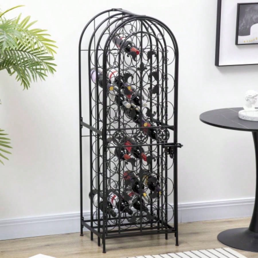 HOMCOM 45 Bottle Wrought Iron Wine Rack Jail with Lock - Black