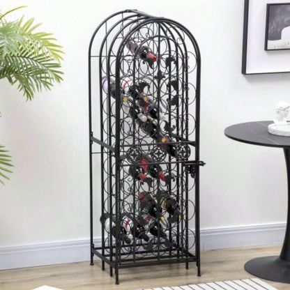 HOMCOM 45 Bottle Wrought Iron Wine Rack Jail with Lock - Black
