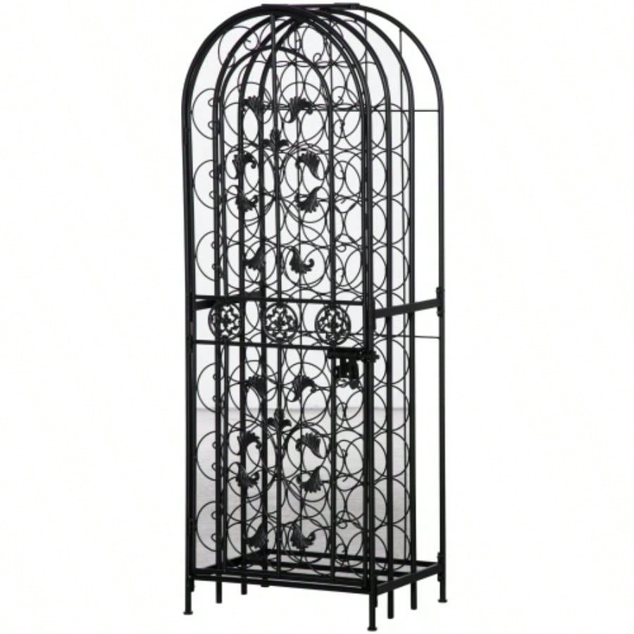 HOMCOM 45 Bottle Wrought Iron Wine Rack Jail with Lock - Black
