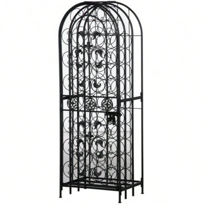 HOMCOM 45 Bottle Wrought Iron Wine Rack Jail with Lock - Black