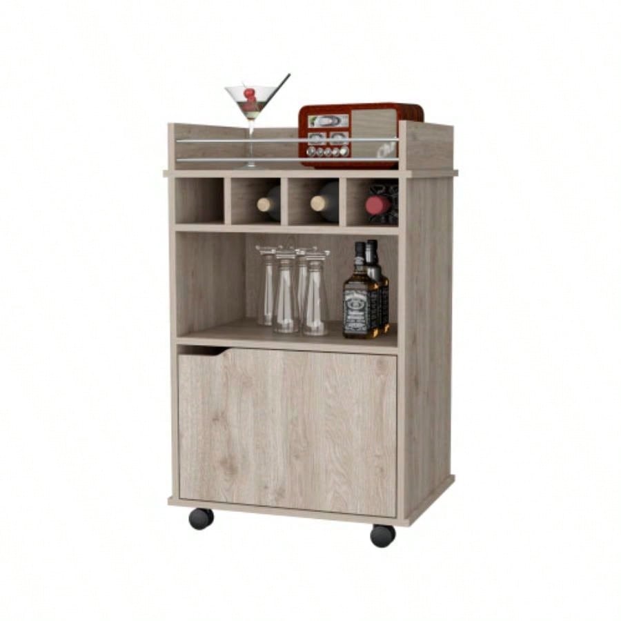 FM FURNITURE Crozier Bart Cart, with 1 shelf, 1 door and four built - in wine rack, Macadamia