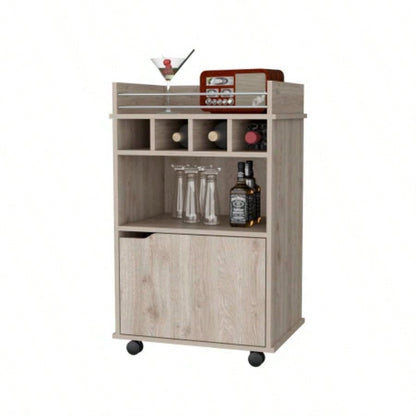 FM FURNITURE Crozier Bart Cart, with 1 shelf, 1 door and four built - in wine rack, Macadamia