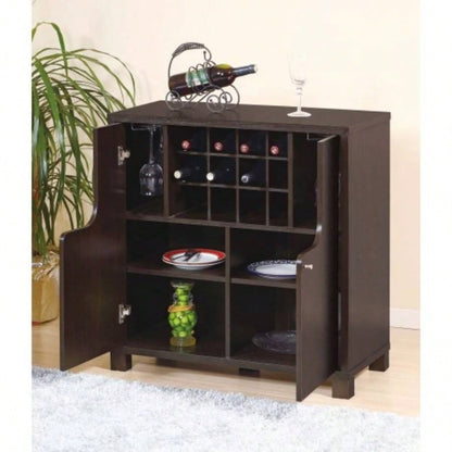 Wine Cabinet Red Cocoa with Two Doors Removeable Wine Bottle Rack Metal Wine Glass Racks Four Shelves