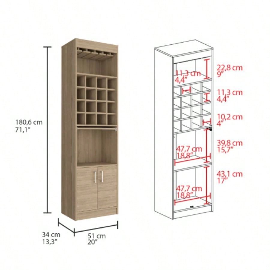 Being Kava Bar Cabinet, Double Door, Two Shelves, Sixteen Built - in Wine Rack - Light Pine