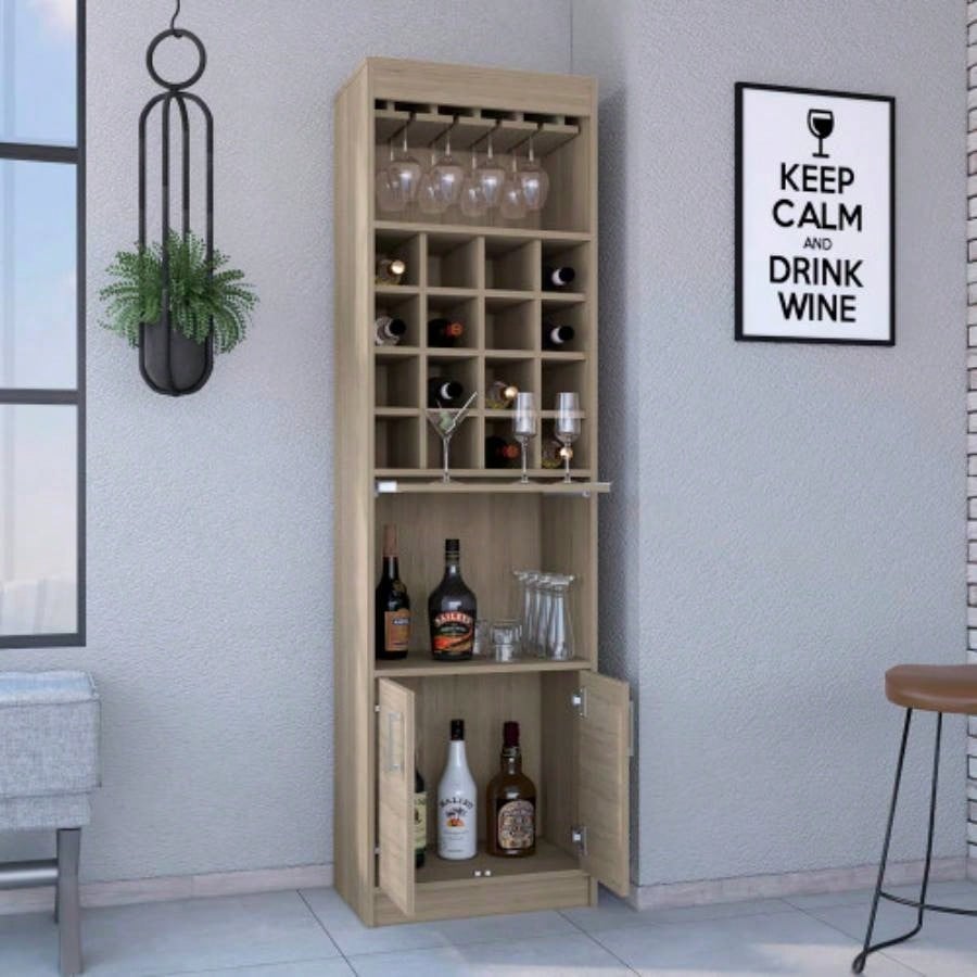 Being Kava Bar Cabinet, Double Door, Two Shelves, Sixteen Built - in Wine Rack - Light Pine